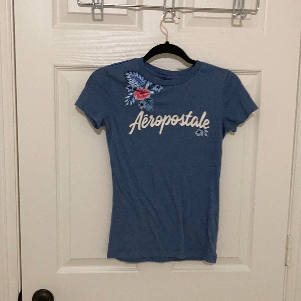 A beautiful blue T-shirt with embroidered flowers.